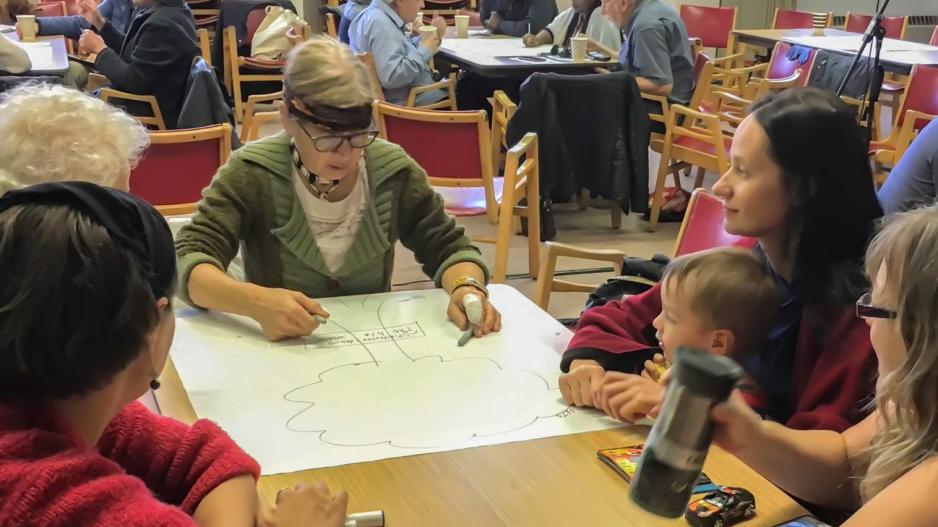 Indigenous and non-indigenous Canadians work together on a large poster board image